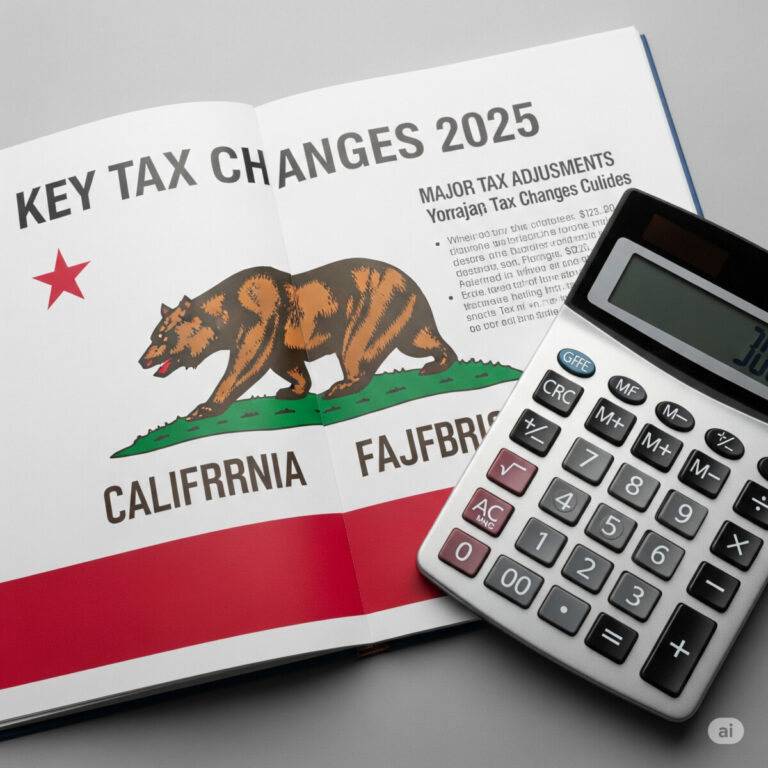 A guide to the key California tax changes for 2025, featuring the California state flag and a calculator.