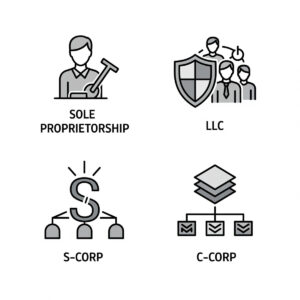 Icons representing different business structures (Sole Prop, LLC, S-Corp, C-Corp).