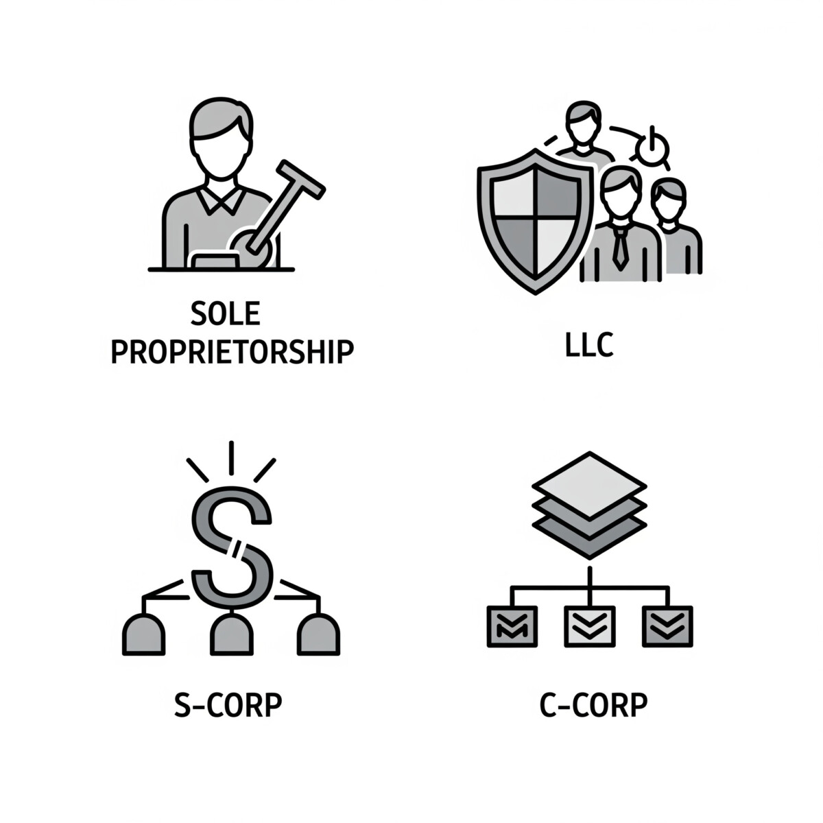 Icons representing different business structures (Sole Prop, LLC, S-Corp, C-Corp).