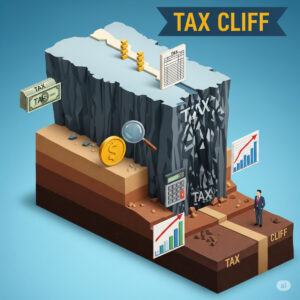 Visual representation of a "tax cliff" with tax-related icons