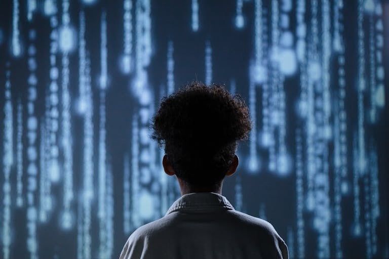 Server room with an AI interface, symbolizing the IRS's advanced data analytics and AI audit system.