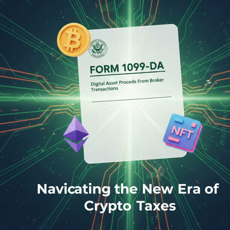 A professional and clean graphic for a blog post about cryptocurrency taxes. It should feature the IRS logo, a stylized 'Form 1099-DA' document, and icons of a Bitcoin, Ethereum, and an NFT. The background should be modern and slightly futuristic with green and orange accents, conveying financial technology and regulation.