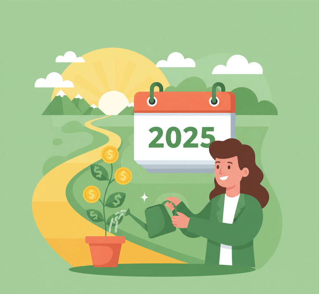 A vibrant and optimistic flat design illustration showing a person watering a small, green plant that is growing coins and dollar signs. In the background, there's a calendar showing the year '2025' and a path leading towards a sunny horizon symbolizing a bright retirement. The style should be modern, clean, and encouraging, with a friendly color palette of greens and oranges.