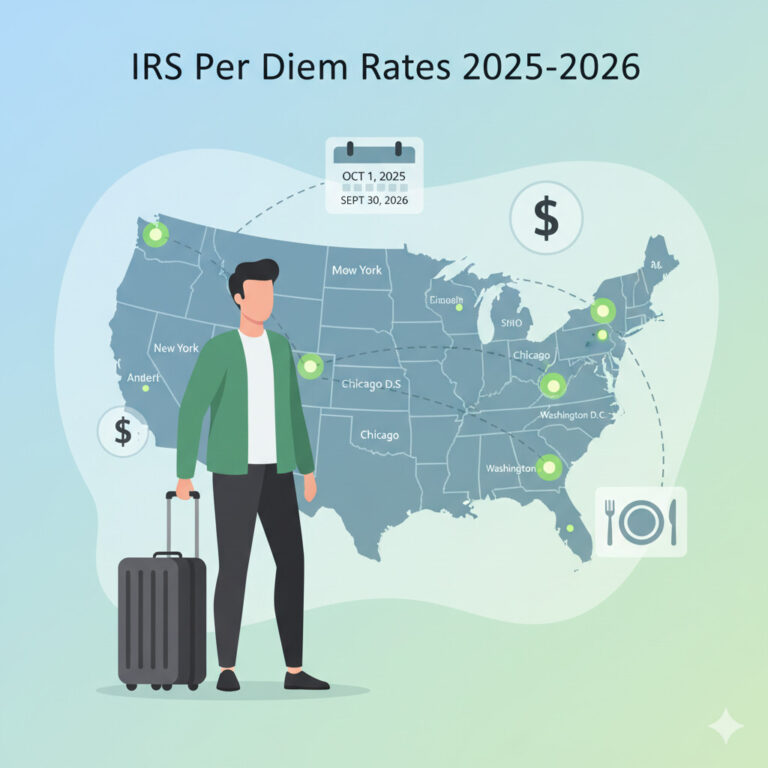 "A professional and clean flat design illustration showing a business person with a suitcase looking at a map of the USA with highlighted cities, symbolizing business travel and per diem rates. Include icons for a calendar, a dollar sign, and a meal."