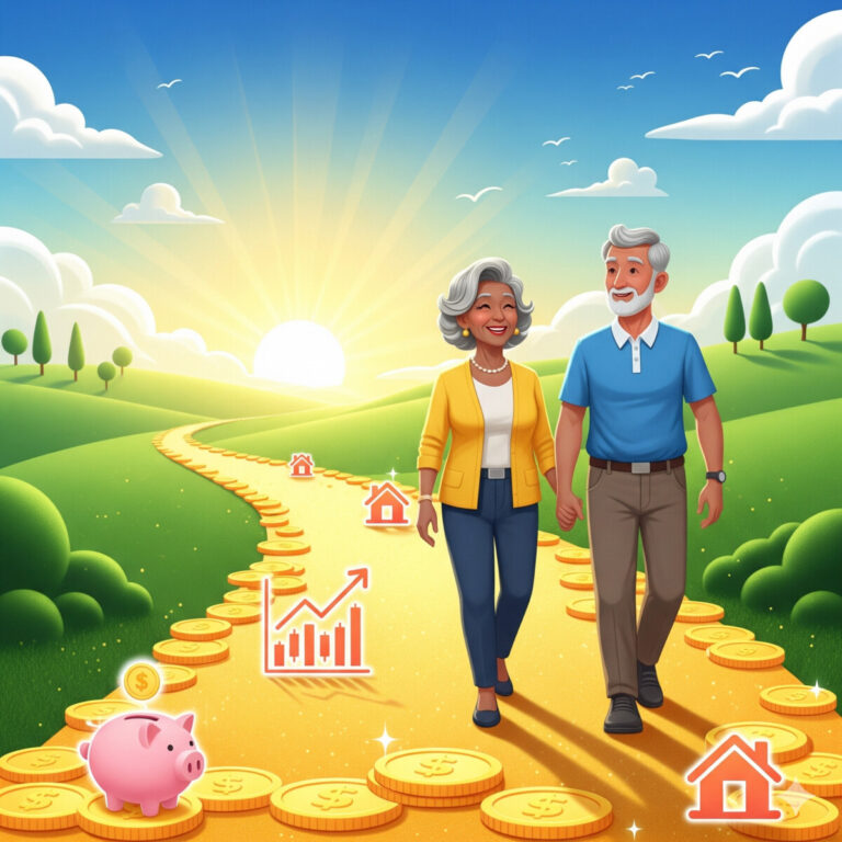 A vibrant and optimistic illustration of a path leading to a sunny horizon, symbolizing a bright retirement. The path is paved with gold coins and icons representing different savings vehicles (like a piggy bank, a stock chart, a house). A happy, diverse couple in their 60s is walking hand-in-hand on the path, looking ahead with confidence. The style is modern, friendly, and slightly cartoonish.