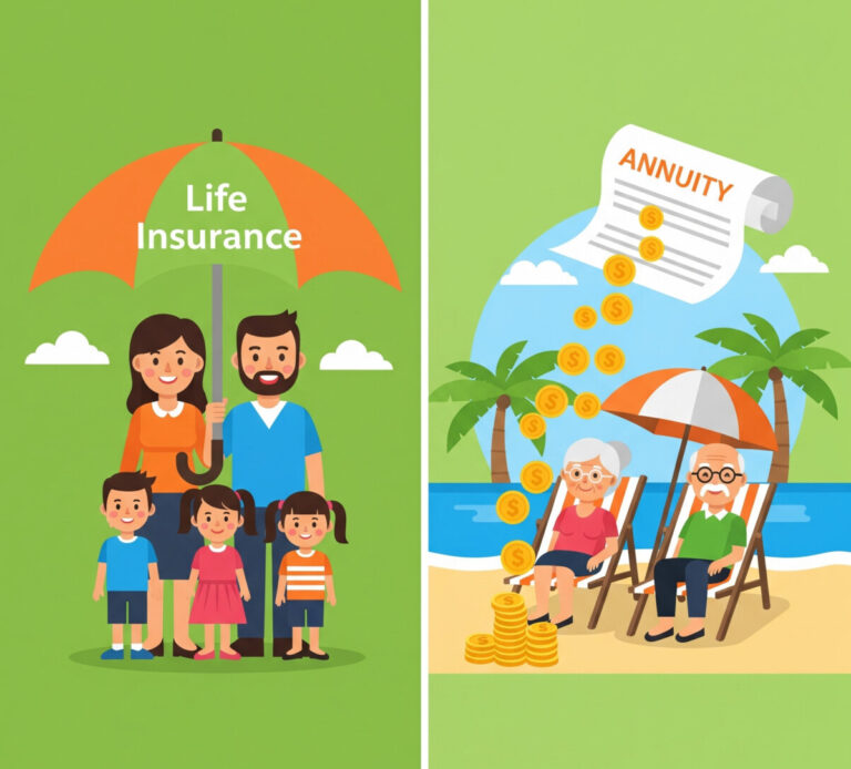 A vibrant and optimistic flat design illustration showing a split path. On the left, a family is protected under a large umbrella labeled 'Life Insurance.' On the right, an elderly couple is relaxing on a beach with a steady stream of gold coins flowing towards them from a document labeled 'Annuity.' The style should be friendly, clear, and use a green and orange color palette.