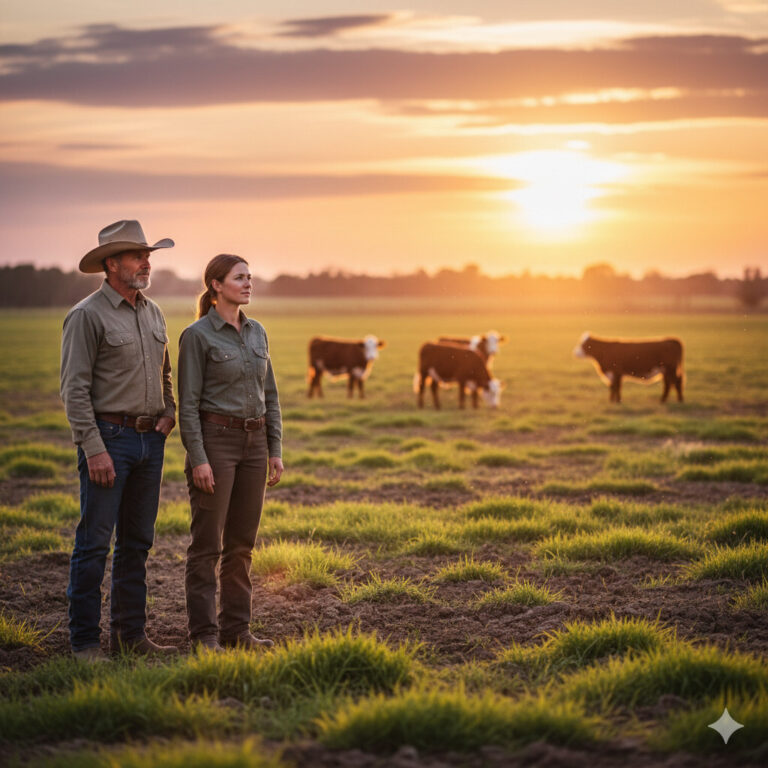 "A hopeful, wide-angle shot of a farmer in a cowboy hat and a rancher looking over a pasture with a few healthy cattle, with green grass just starting to return after a long drought. The sun is setting in the background, casting a warm, optimistic glow. The style should be realistic and heartfelt."