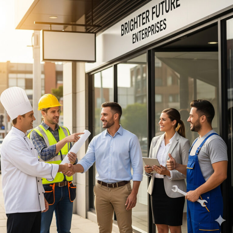 A vibrant and optimistic image showing a diverse group of happy employees in various professional uniforms (e.g., a chef, a construction worker, an office professional, a mechanic) shaking hands or collaborating with a smiling small business owner in front of their modern storefront. The atmosphere is bright and positive, symbolizing growth and opportunity.