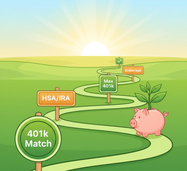 A vibrant and optimistic illustration of a path or roadmap leading towards a sunny horizon with a piggy bank and a growing green plant at the end. The path has clear, friendly signs labeled '401k Match,' 'HSA/IRA,' 'Max 401k,' and 'Brokerage.' The style should be modern, clean, and encouraging, using a green and orange color palette.