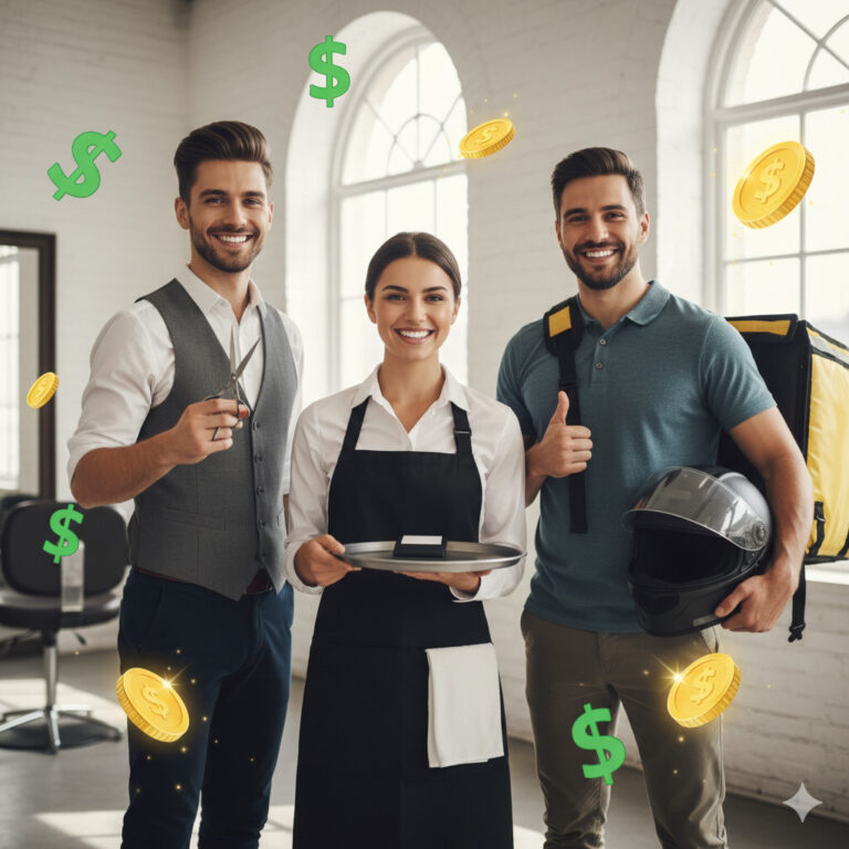 A vibrant and positive image showing a diverse group of smiling tipped workers (a restaurant server, a hairstylist, a delivery driver) with illustrated dollar signs and coins floating around them, against a clean, bright background.