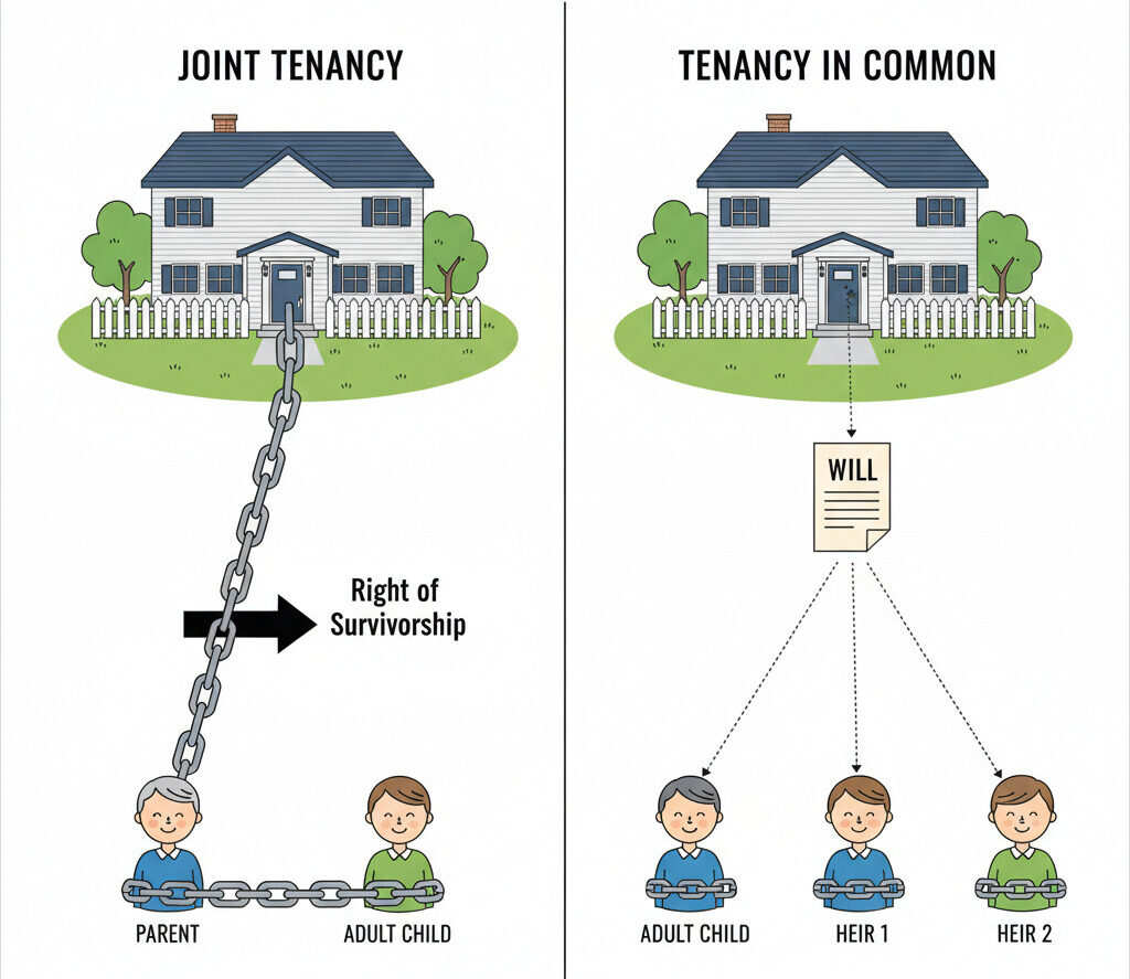 A split image illustrating two concepts. On the left, a house with two people (a parent and adult child) linked by a strong chain to the house, with an arrow labeled 'Right of Survivorship' pointing from the parent to the child, titled 'Joint Tenancy'. On the right, the same house and people, but the parent's link goes to a will and then to three people (the child and two other heirs), titled 'Tenancy in Common'. The overall mood should be clear and informational.
