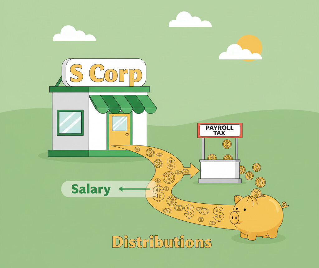 A clean and modern illustration showing a business storefront labeled 'S Corp'. A river of dollar signs flows from the store, splitting into two streams. One smaller stream labeled 'Salary' flows past a toll booth labeled 'Payroll Tax'. A much larger stream labeled 'Distributions' flows directly into a piggy bank, bypassing the toll booth completely. The style should be friendly, clear, and optimistic, with a simple color palette of green, gold, and white.