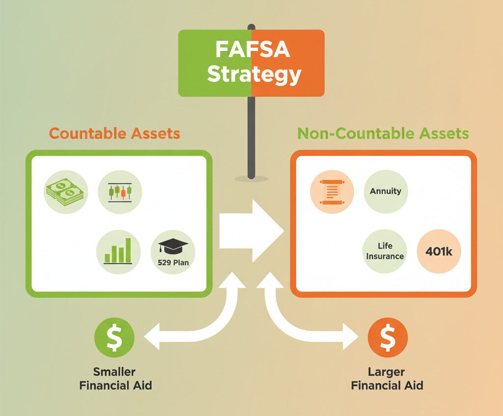 A clean infographic illustrating the FAFSA strategy. On one side, a 'Countable Assets' box (with icons for cash, stocks, 529 plan) leads to a smaller financial aid award. On the other side, a 'Non-Countable Assets' box (with icons for an annuity, life insurance, 401k) leads to a larger financial aid award. Use a friendly green and orange color palette.