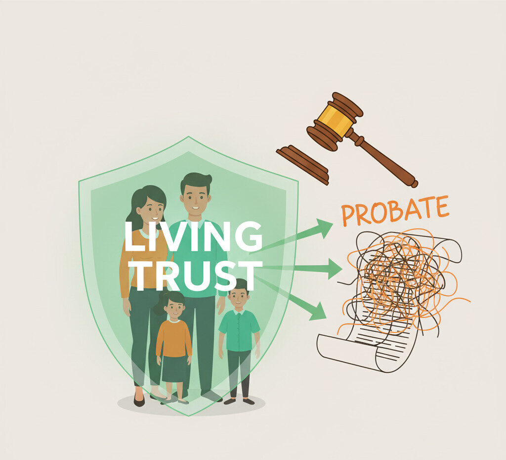 A professional and clean illustration showing a family being shielded by a large, transparent green shield (labeled 'Living Trust') from a gavel and a tangled, messy legal document (labeled 'Probate'). The family looks secure and at peace. The style should be modern, friendly, and illustrative, using green and orange accents.