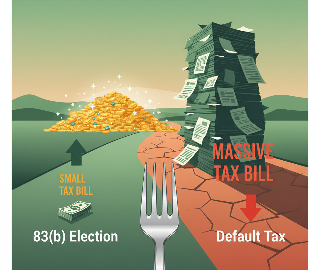 A professional and clean illustration showing a fork in a road. One path, labeled '83(b) Election,' leads to a small tax bill and a large pile of gold coins in the distance. The other path, labeled 'Default Tax,' leads to a massive, looming tax bill that blocks the path to the gold. The style is modern, vector art, with green and orange accents, conveying a clear financial choice.