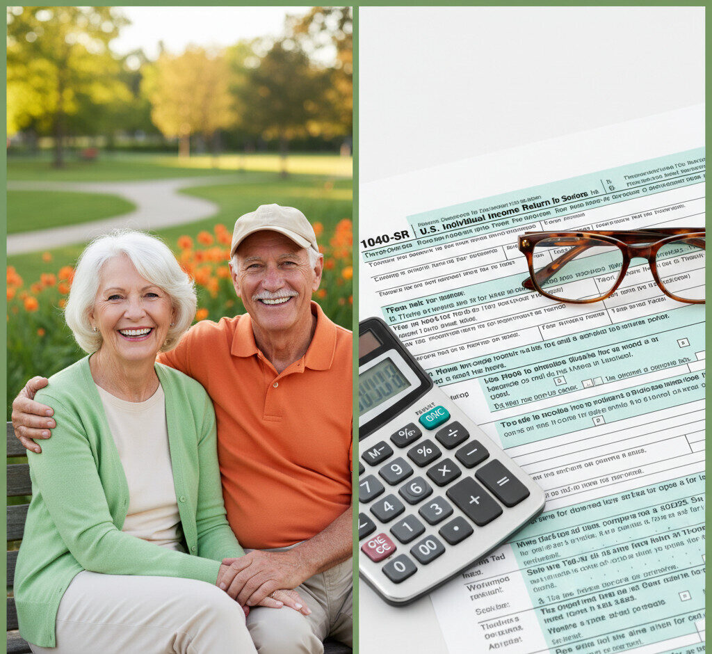 A split-screen image. On the left, a happy, relaxed retired couple in their 60s sitting on a park bench, smiling. On the right, a clean, close-up shot of an official IRS 1040-SR tax form with a calculator and reading glasses resting on it. The image should be bright, professional, and use a friendly green and orange color palette.