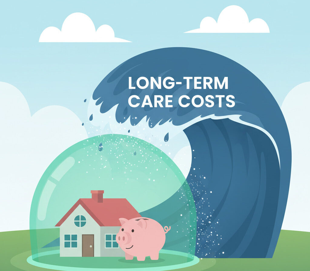 A professional and clear illustration showing a family home and a piggy bank being protected by a large, transparent green shield. In the background, a large, ominous wave labeled 'Long-Term Care Costs' is approaching but being blocked by the shield. The style should be modern, clean, and reassuring.