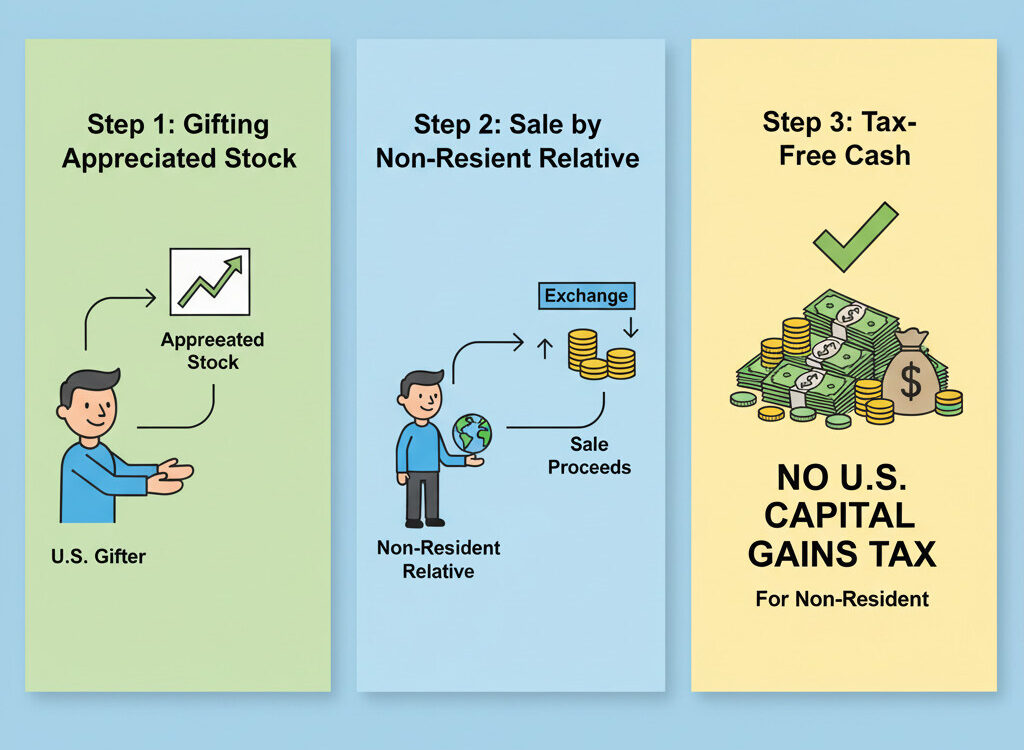 A clear infographic diagram showing a 3-step process. Step 1: A person ('U.S. Gifter') gives appreciated stock (a rising graph) to another person ('Non-Resident Relative') holding a globe. Step 2: The non-resident relative sells the stock. Step 3: A pile of cash with a green checkmark and 'No U.S. Capital Gains Tax' text. The style is simple, clean, and informational, with a friendly tone.