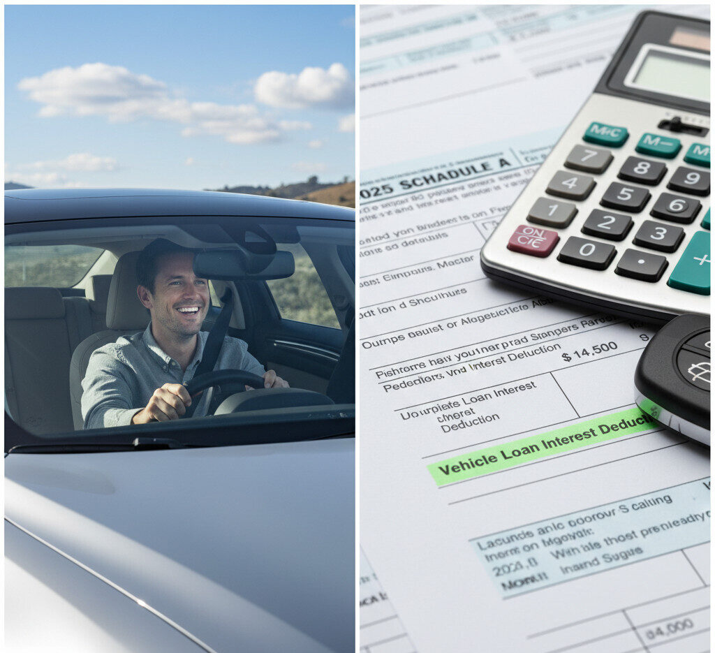 A split-screen image: on the left, a person is happily driving a new car on a sunny day. On the right, a close-up of a 2025 tax form with a calculator, a car key, and a line item highlighted in green labeled 'Vehicle Loan Interest Deduction'.