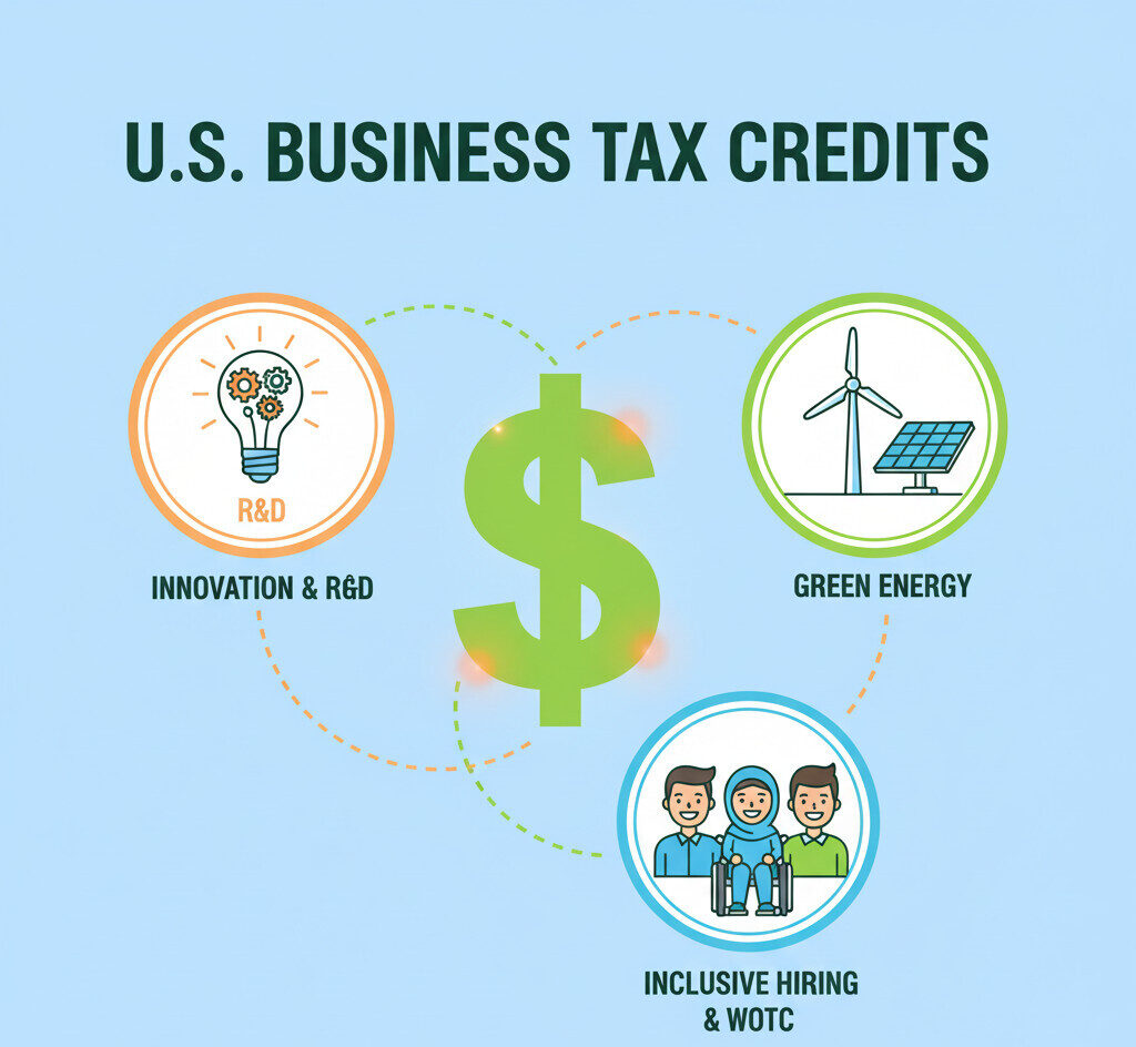 A professional and friendly illustration for a blog post titled 'U.S. Business Tax Credits.' Show three main concepts: a lightbulb with gears (for Innovation/R&D), a wind turbine and solar panel (for Green Energy), and a diverse group of people (for Inclusive Hiring/WOTC). A large, friendly dollar sign ($) should be in the center, connecting them. Use a clean, modern, and vibrant style with green and orange accents.