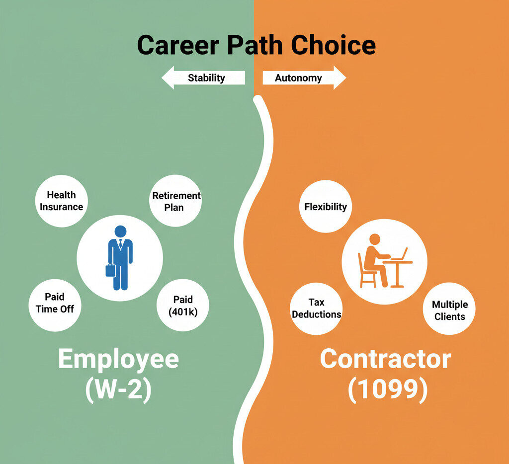 A professional infographic illustrating a split choice. On the left side, an icon of a person in a suit with a briefcase labeled 'Employee (W-2)' surrounded by benefits like 'Health Insurance' and '401k'. On the right side, an icon of a person with a laptop at a cafe labeled 'Contractor (1099)' surrounded by concepts like 'Flexibility' and 'Tax Deductions'. The background is a clean, modern green and orange color scheme.