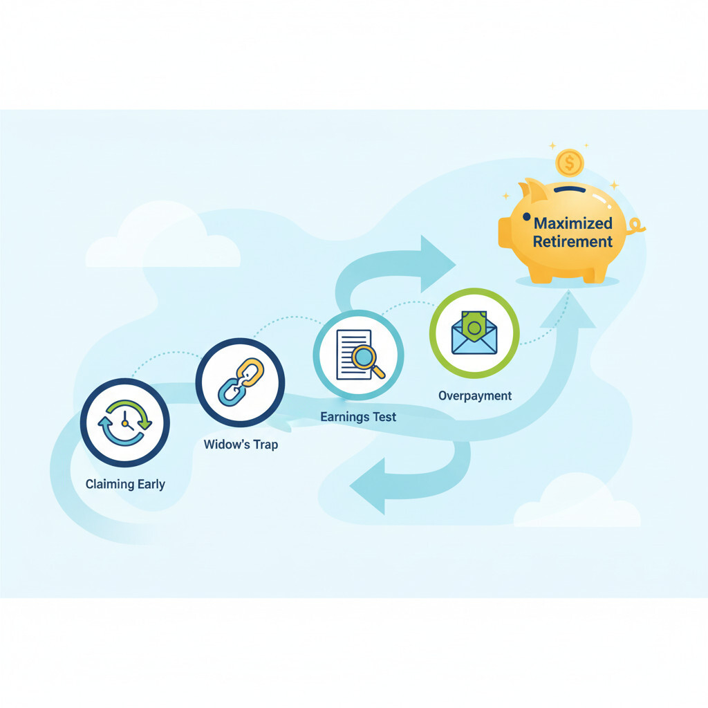 A clean, modern infographic showing four common pitfalls to avoid on the path to a secure retirement. Use icons for each point: 1) A clock with an arrow moving backward for 'Claiming Early'. 2) A broken chain link for 'Widow's Trap'. 3) A document with a magnifying glass for 'Earnings Test'. 4) An envelope with a bill sticking out for 'Overpayment'. The path should lead to a glowing piggy bank labeled 'Maximized Retirement'. Use a friendly and reassuring color palette.