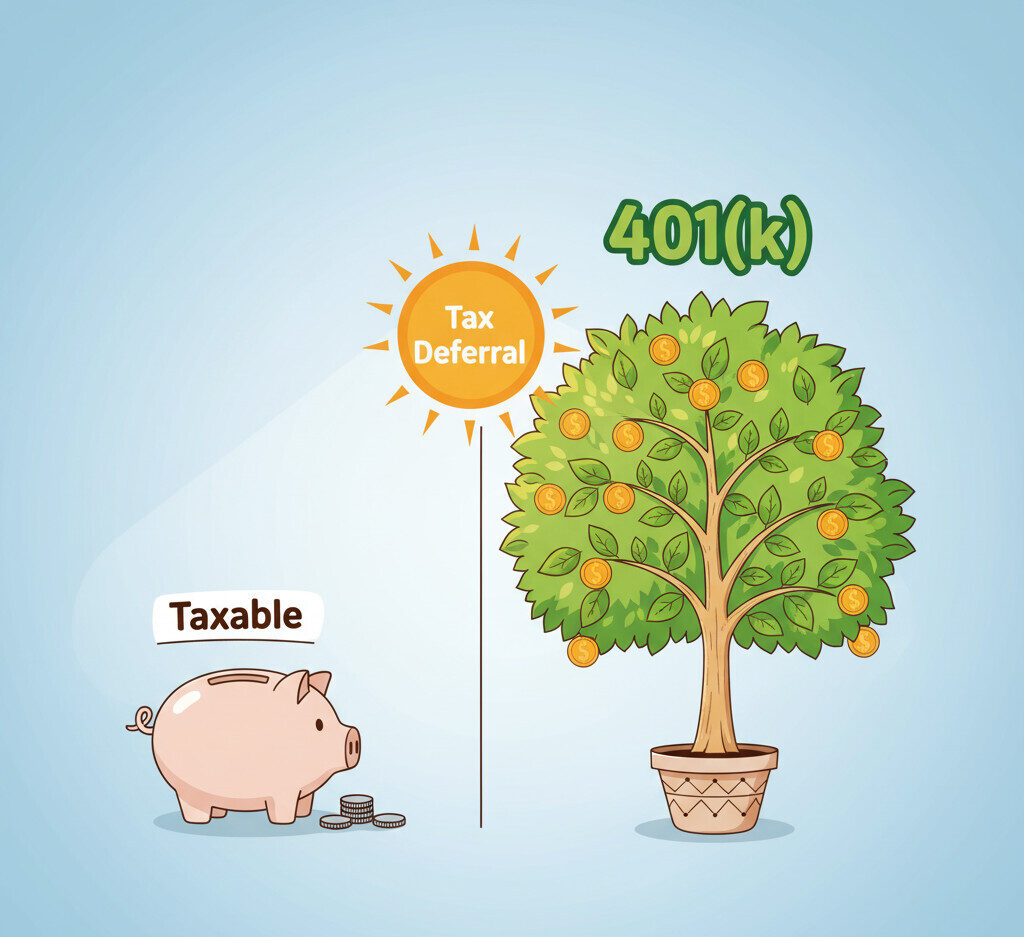 A clean and friendly illustration. On one side, a small piggy bank labeled 'Taxable' has a few coins. On the other side, a large, vibrant money tree labeled '401(k)' is flourishing. The sun, labeled 'Tax Deferral', is shining on the 401(k) tree, helping it grow. The style is simple, optimistic, and uses green and orange highlights.