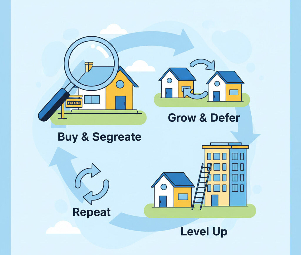 A dynamic and encouraging illustration of the real estate wealth cycle. Show four steps in a circular flow: 1) A magnifying glass over a new property ('Buy & Segregate'). 2) Two houses with an exchange arrow between them ('Grow & Defer'). 3) A ladder leading up to a larger apartment building ('Level Up'). 4) A circular arrow icon ('Repeat'). The overall style should be clean, modern, and use a vibrant, optimistic color palette with yellow and blue accents.