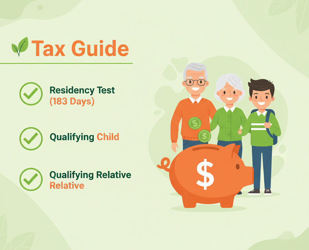 "A clean, modern infographic-style illustration showing a 'Tax Guide' checklist. The checklist has items like 'Residency Test (183 Days)', 'Qualifying Child', and 'Qualifying Relative'. Beside the list, show a friendly illustration of a family (an older couple and a teenager) and a large piggy bank with a dollar sign, all in a vibrant green and orange color palette." 