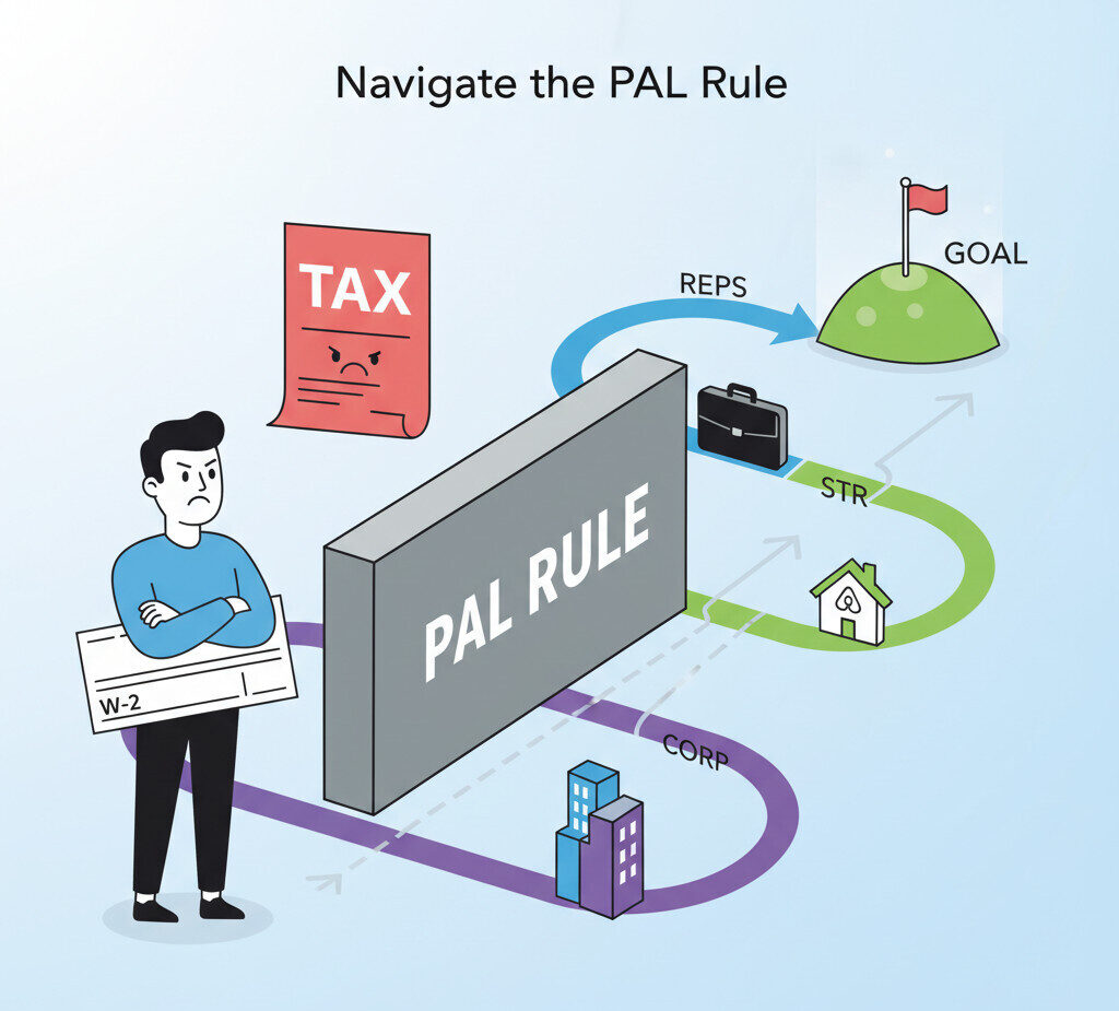 A clean, modern infographic-style illustration. On the left, a frustrated person with a W-2 paycheck looks at a large 'TAX' bill. On the right, a 'wall' labeled 'PAL RULE' separates them from their goal. Three paths are shown going around the wall: one labeled 'REPS' (with a briefcase), one labeled 'STR' (with an Airbnb-style house), and one labeled 'CORP' (with a building). The overall tone is optimistic and strategic.