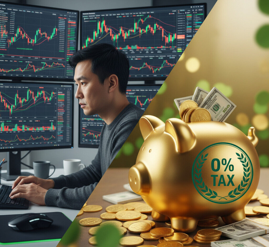 A dynamic, professional image showing a split screen. On the left, a determined trader analyzes complex stock charts on multiple monitors. On the right, a piggy bank is overflowing with saved money, with a '0% Tax' stamp on it. The style is clean, modern, with a mix of green and gold colors to signify wealth and growth.