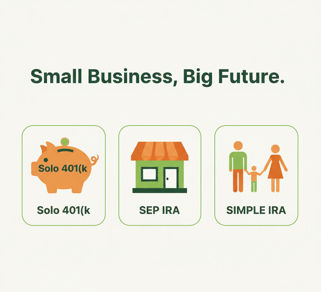 "A clean, modern illustration for a blog post titled 'Small Business, Big Future.' Show three icons side-by-side: a piggy bank with 'Solo 401(k)', a simplified storefront with 'SEP IRA', and a group of people with 'SIMPLE IRA'. The style should be friendly, using green and orange colors, on a light background.