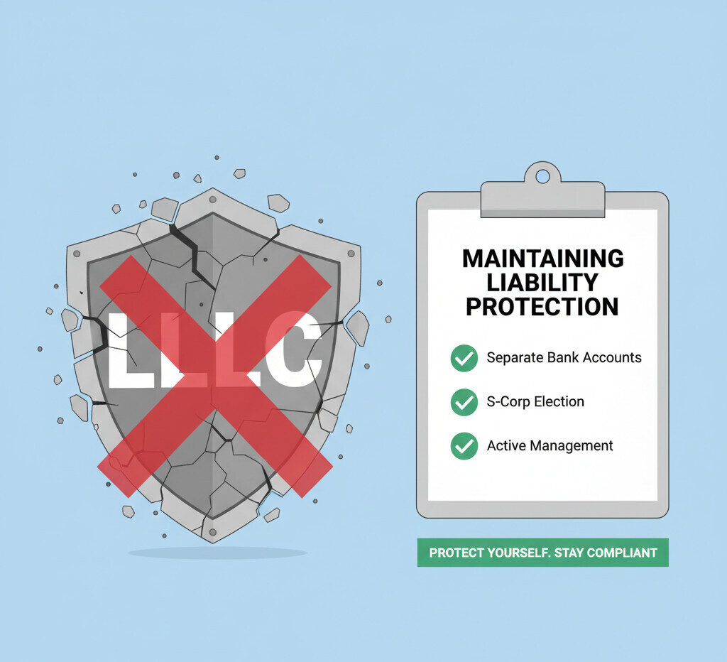 A professional and clear infographic-style image. On the left, a cracked, broken shield with 'LLC' on it. On the right, a checklist with items like 'Separate Bank Accounts,' 'S-Corp Election,' and 'Active Management' being checked off with a green checkmark. The overall feeling should be helpful and preventative.