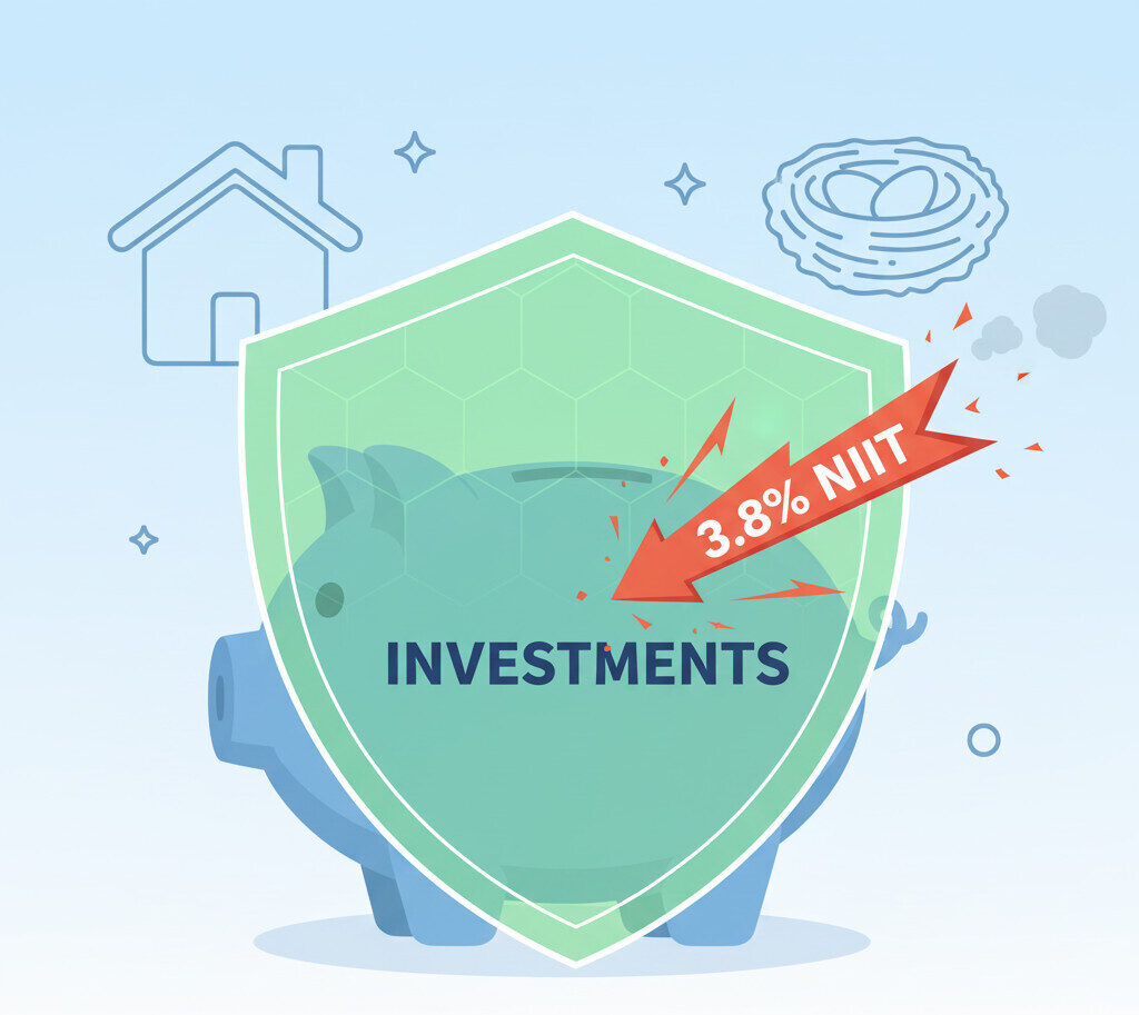 A clean, professional illustration showing a piggy bank labeled 'Investments' being protected by a vibrant green shield from a red-orange arrow labeled '3.8% NIIT'. In the background, there are soft, secondary icons representing real estate (a house) and retirement (a nest egg).
