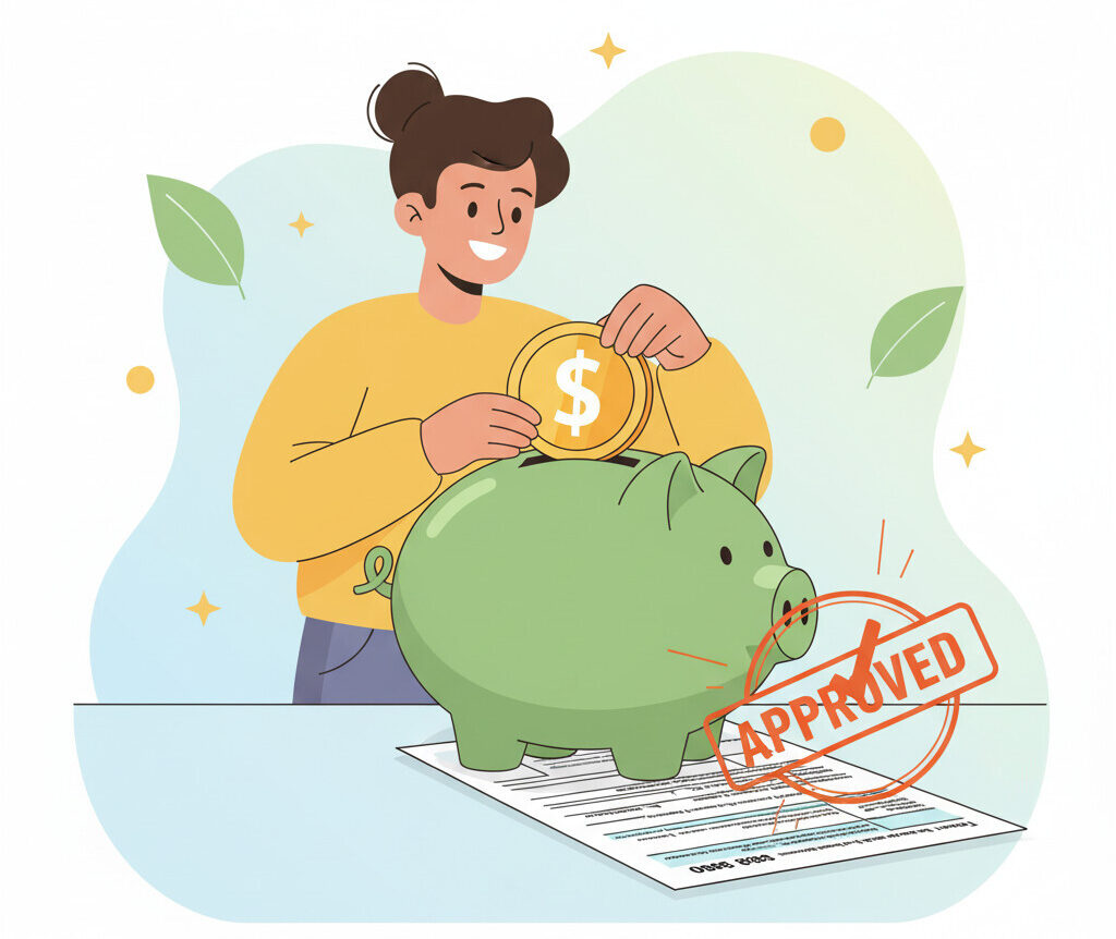 A vibrant, friendly illustration showing a person putting a coin into a large green piggy bank. The coin has a dollar sign. Next to the piggy bank, a tax form labeled 'Form 8880' is getting a bright orange approval stamp. The style is modern, simple, and encouraging.