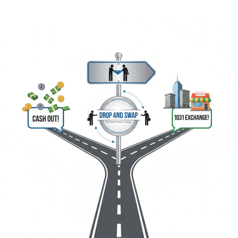 A clear, professional infographic showing a fork in the road. On one path, a speech bubble says 'Cash Out!' with money icons. On the other path, a speech bubble says '1031 Exchange!' with building icons. In the middle, a signpost points to a solution labeled 'Drop and Swap,' illustrating a way for real estate partners to choose different directions. The style should be clean, modern, and financial-themed.