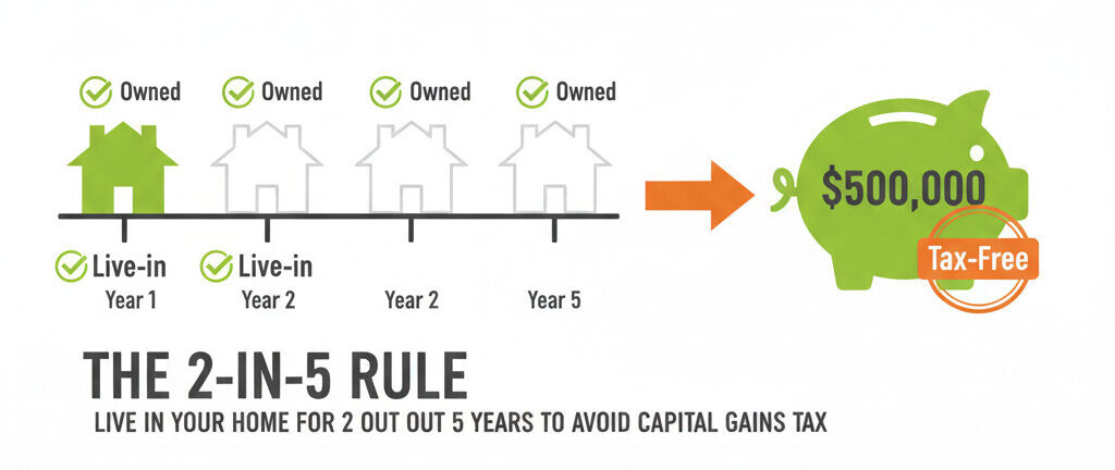 "A clean, friendly infographic illustrating the '2-in-5' rule. It shows a 5-year timeline with 5 simple house icons. Two of the house icons are colored green with a 'Live-in' checkmark, and all 5 have an 'Owned' checkmark. Next to this, an arrow points to a large piggy bank with '$500,000' on it and a 'Tax-Free' stamp. The style is simple, using green and orange accents on a white background." 
