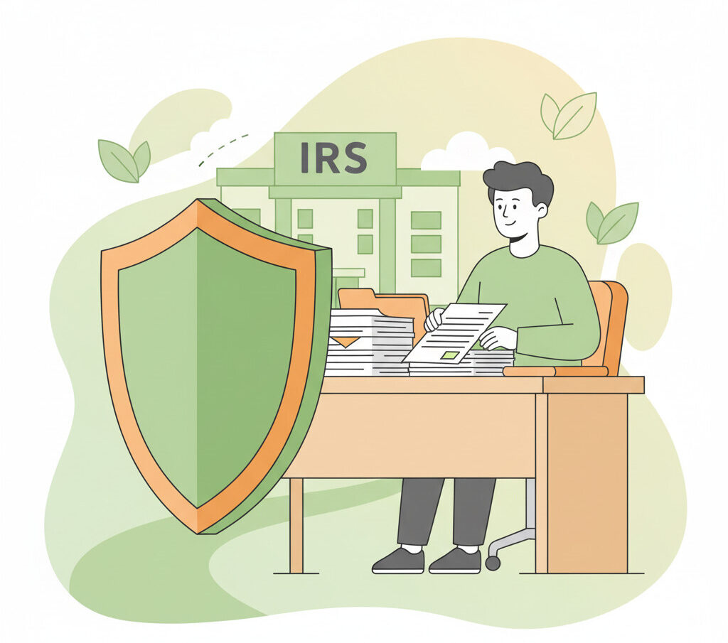 A calming and professional illustration of a person sitting confidently at a desk, organizing tax documents. On one side, there's a shield protecting them from a simplified, non-threatening 'IRS' building. The style is clean, modern, and uses a friendly green and orange color palette.