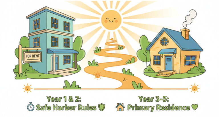 A bright and optimistic illustration showing a clear path leading from a rental property with a 'For Rent' sign to a cozy family home with a 'Welcome' mat. The path is a timeline marked 'Year 1 & 2: Safe Harbor Rules' and 'Year 3-5: Primary Residence'. The sun is shining, conveying a positive and successful outcome. The style is modern, clean, and slightly cartoonish, with green and orange accents.