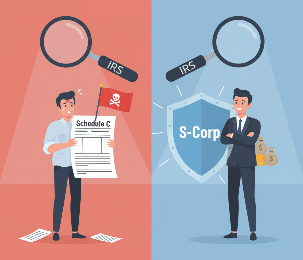 A side-by-side comparison illustration in a clean, modern style. On the left, a stressed person (a sole proprietor) holds a 'Schedule C' form that has a large red flag on it, attracting a large magnifying glass from the 'IRS'. On the right, a confident business person (S-Corp) stands behind a strong 'S-Corp' shield, which is deflecting the IRS's attention.