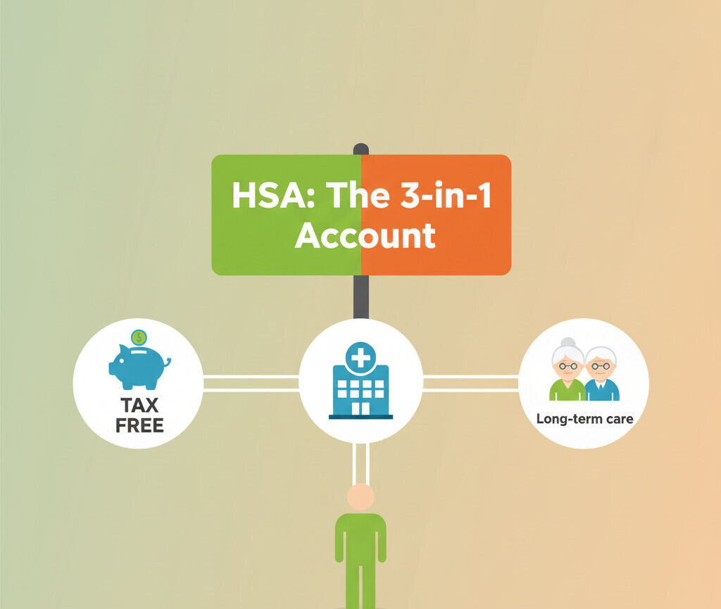 A clean, modern illustration showing three paths leading from a single person. Path 1 leads to a piggy bank with a 'TAX FREE' label. Path 2 leads to a hospital icon. Path 3 leads to an elderly couple, representing long-term care. In the center, a bright green and orange sign reads 'HSA: The 3-in-1 Account'.