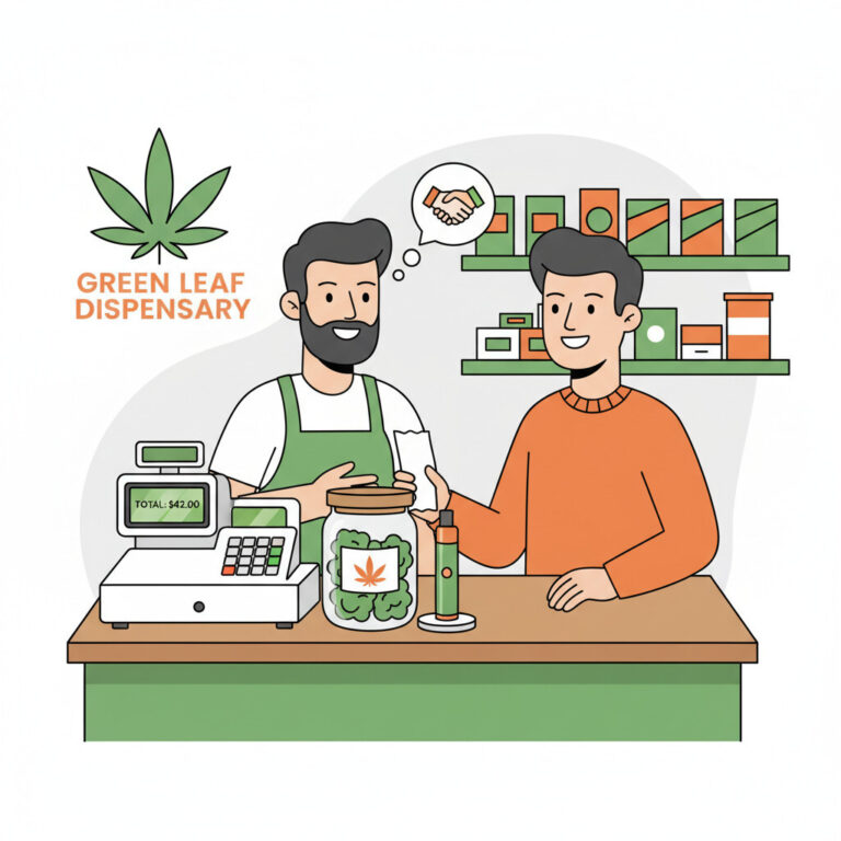 A clean and professional flat design illustration showing a cannabis dispensary counter. On the counter, there's a cash register, a cannabis product in a jar, and a separate vape pen. A friendly shop owner is handing a receipt to a customer. The color palette should be vibrant with greens and oranges, conveying a sense of clarity and helpfulness. The style should be modern and approachable, suitable for a financial advice blog.
