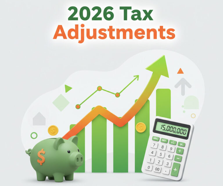 A professional and clean graphic for a financial blog post, illustrating growth and numbers. The image should feature a stylized upward-trending chart, a piggy bank, and a calculator, with a modern, friendly aesthetic using a green and orange color palette. The text '2026 Tax Adjustments' should be clearly visible.