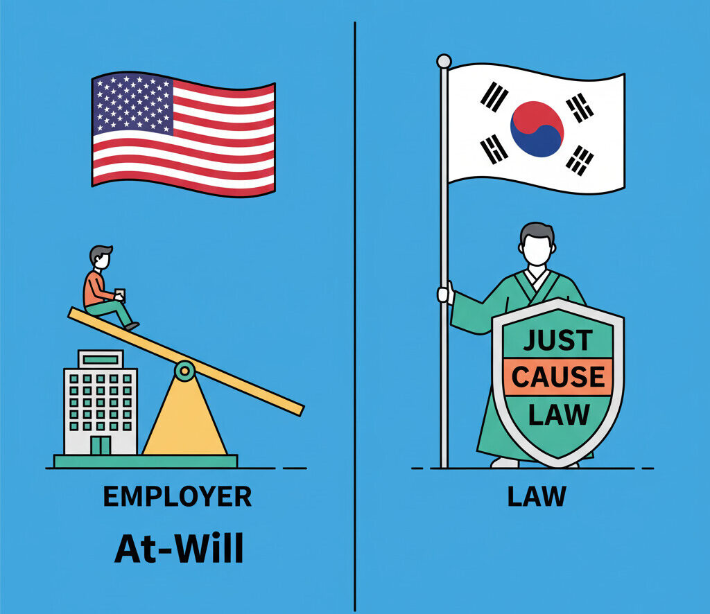 A split-screen illustration. On the left, under a U.S. flag, a seesaw is unbalanced, with a tiny employee on the high end and a large employer (represented by a building) on the low end, with the label 'At-Will.' On the right, under a South Korean flag, an employee is protected by a large shield held by a figure representing 'Just Cause' and the law.