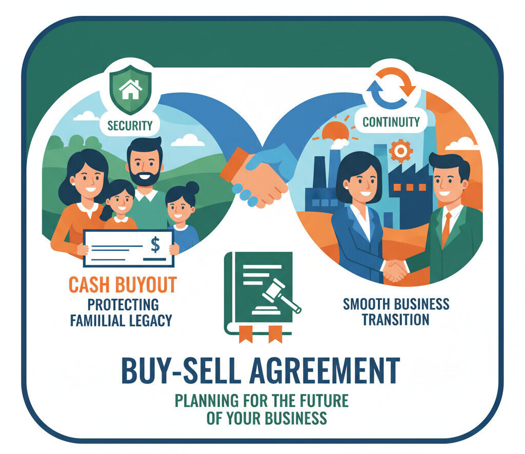 A professional and clean infographic illustrating the concept of a buy-sell agreement. On one side, a family is shown receiving a check (representing a cash buyout). On the other side, business partners are shown shaking hands, with the business running smoothly in the background. The image should convey security, legacy, and a smooth transition, using a color palette of green, blue, and orange.