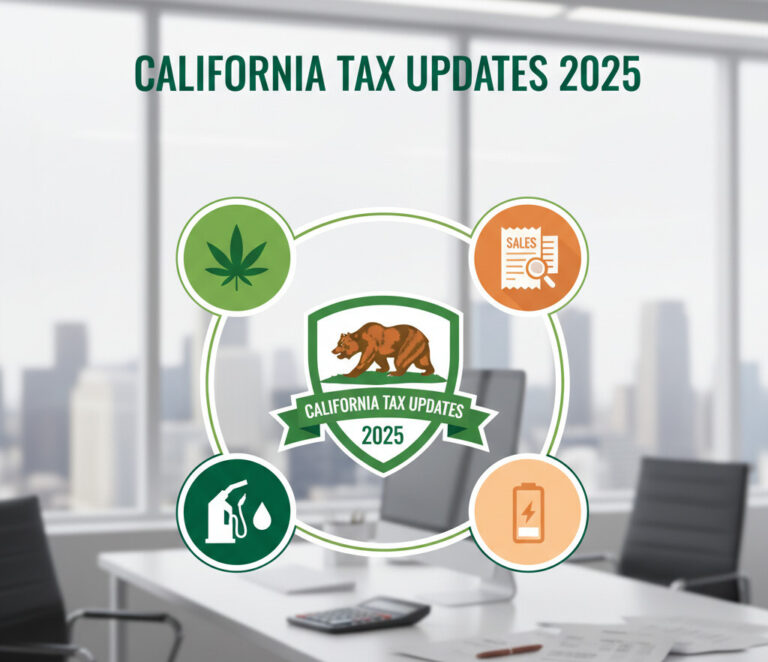 "A clean and professional graphic for a blog post about California tax updates. It should feature the California state bear logo, icons representing cannabis, sales receipts, fuel pumps, and batteries, set against a backdrop of a modern office. The style should be bright, informative, and not intimidating.