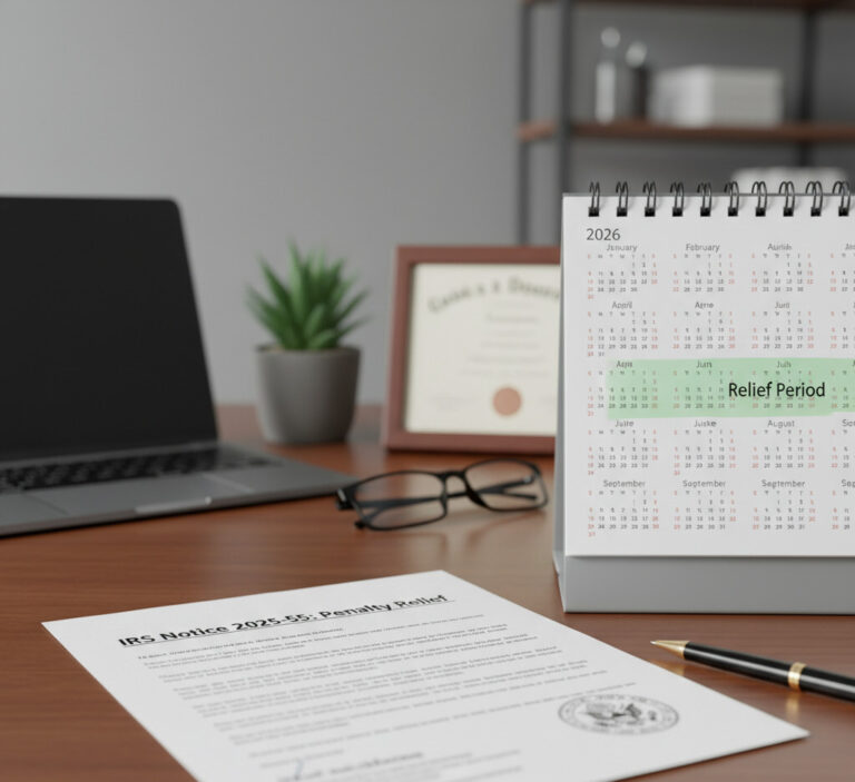 An image of an official-looking document titled 'IRS Notice 2025-55: Penalty Relief' resting on a desk next to a calendar showing the year 2026. The first three quarters (Jan-Sep) on the calendar are lightly highlighted, symbolizing the relief period. The overall tone is professional and informative for businesses.