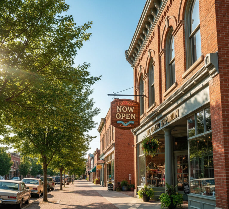 A vibrant, optimistic image showing a revitalized small-town main street. A newly renovated historic brick building with a 'Now Open' sign is in the foreground, with green trees and a bright blue sky, symbolizing economic growth and community renewal in a rural area.