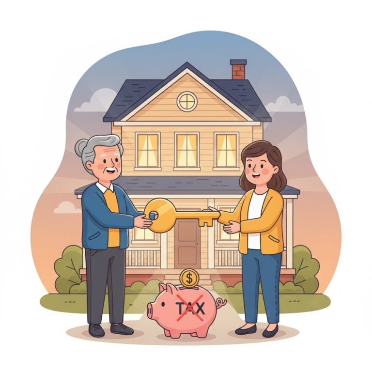 A warm and hopeful illustration showing an older couple happily handing a key to a house to their adult children. The house in the background is glowing, symbolizing its value. In the foreground, a piggy bank with a tax symbol is crossed out, representing tax savings. The style is modern, friendly, and illustrative.