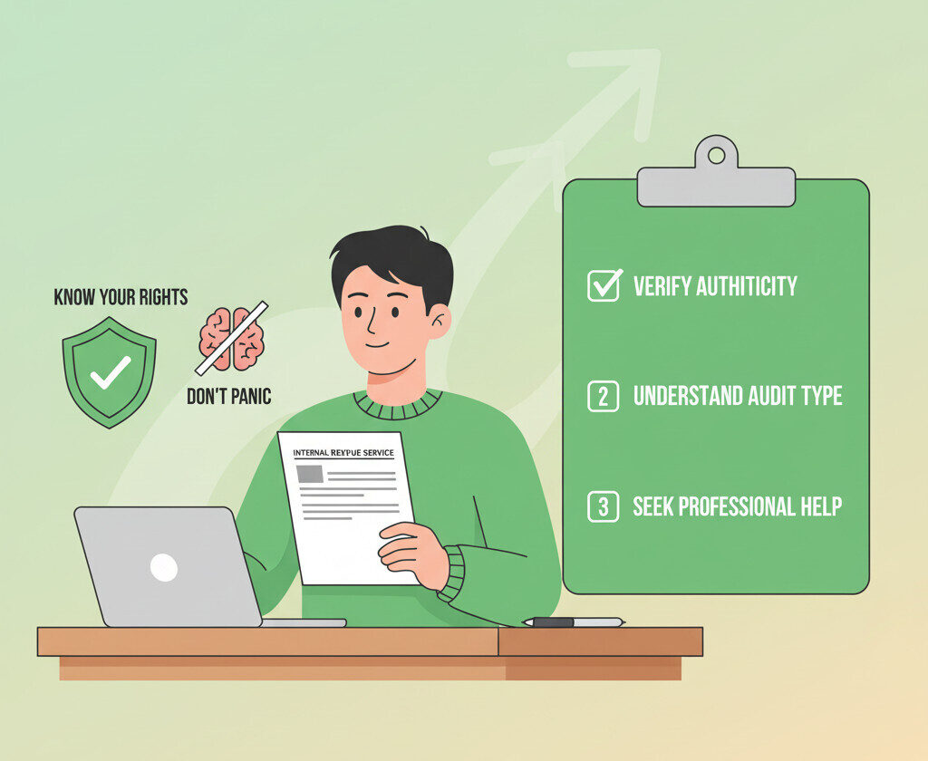 A clean, modern illustration showing a person sitting calmly at a desk, looking at an official IRS letter. On one side, there's a green shield icon (representing 'rights') and a 'don't panic' icon. On the other, a checklist. The style is friendly and informational, not scary, using a green and orange color palette.